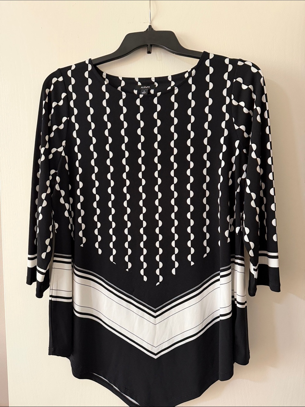 Alfani Black and White Geometric Boatneck Long Sleeve Top